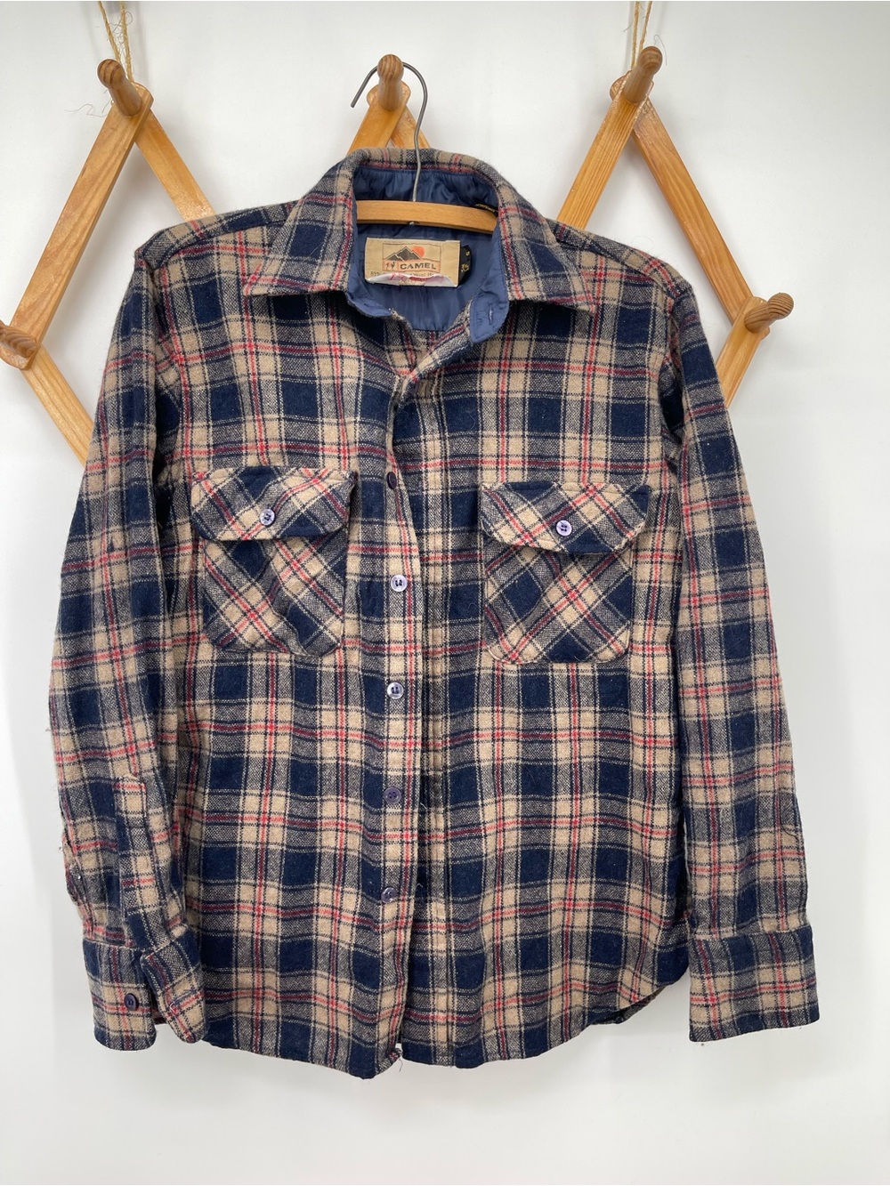 1980s Vintage Navy and Cream Plaid Button-Down Shirt Wool